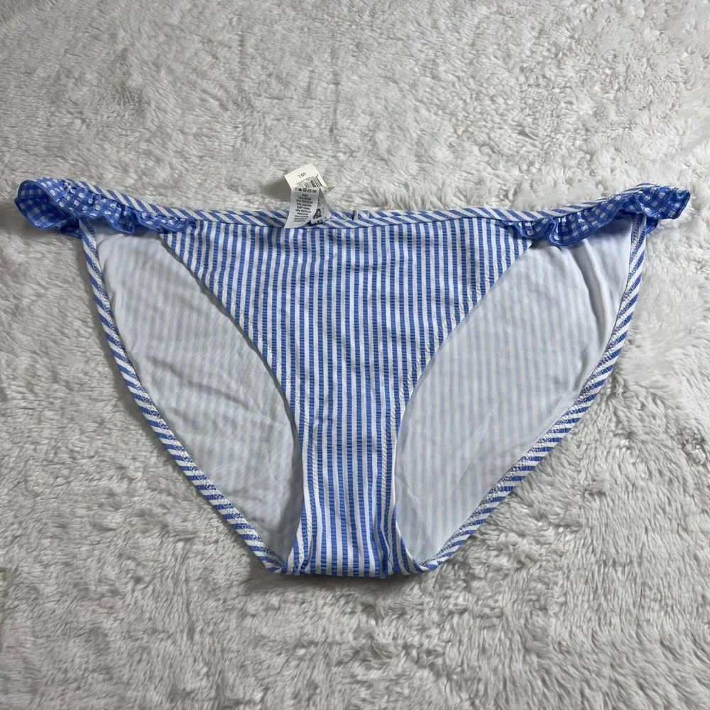 Aerie Women's Blue White Striped Seersucker Ruffle‎ Bikini Bottom Size Large NWT